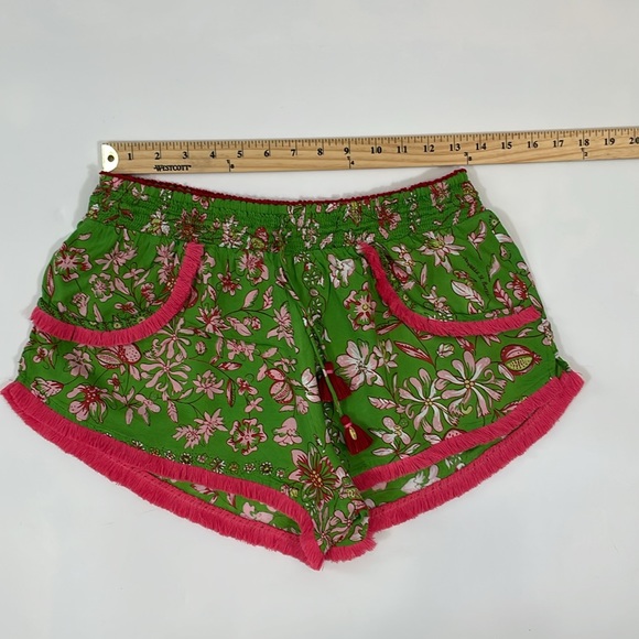 Poupette St Barth Boxer Lulu Shorts Size L Green Floral Pink Fringe Trim EUC - Picture 5 of 11